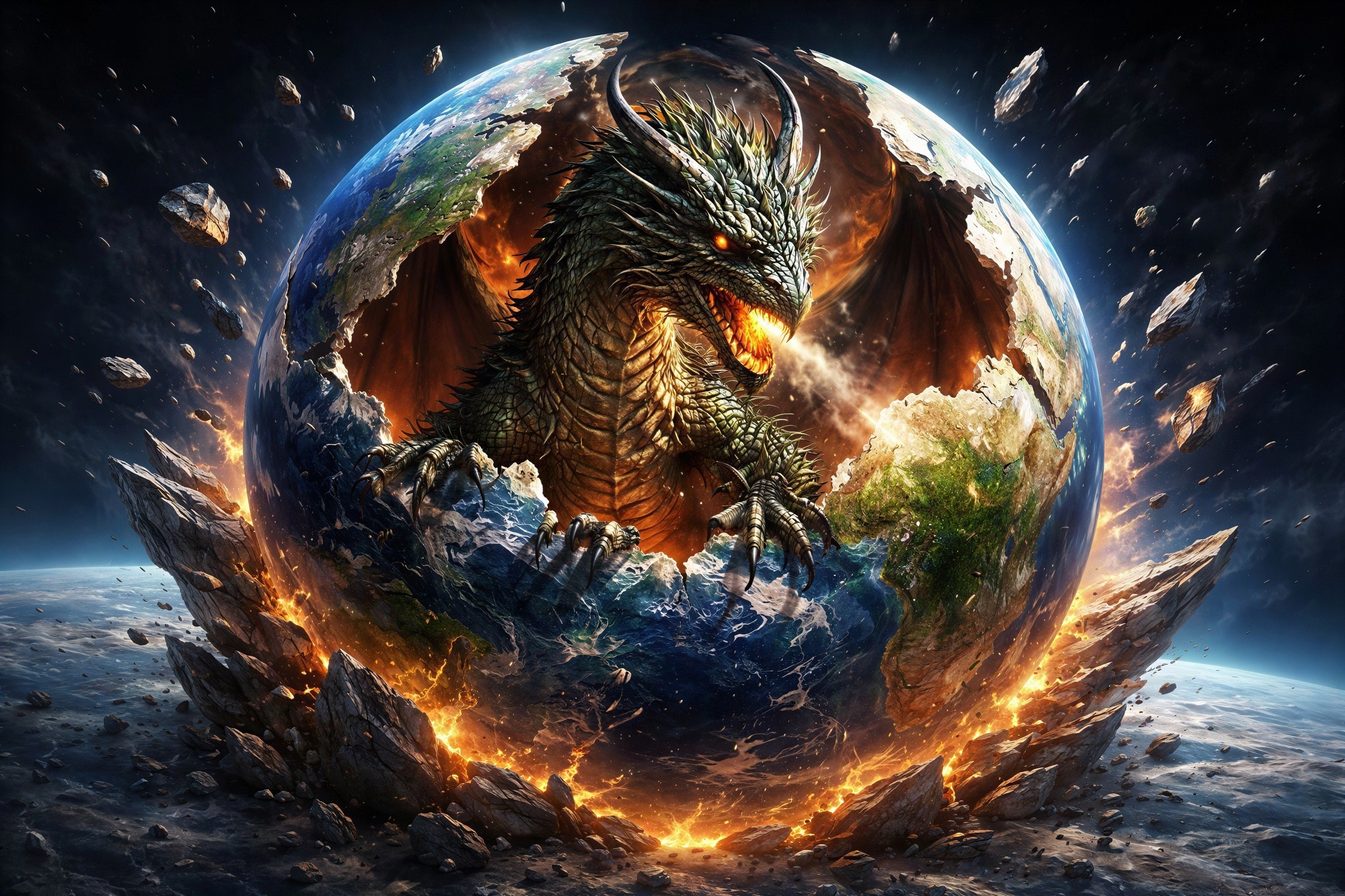 A dragon emerging from a cracked celestial globe
