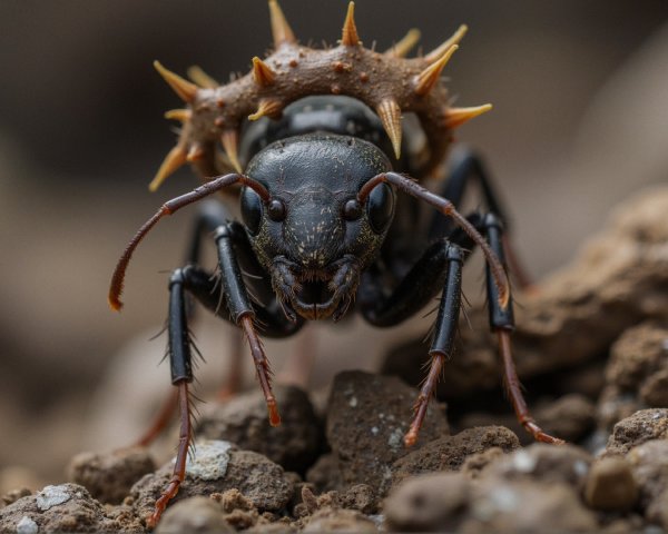 Close-up of a large black ant on rocky surface