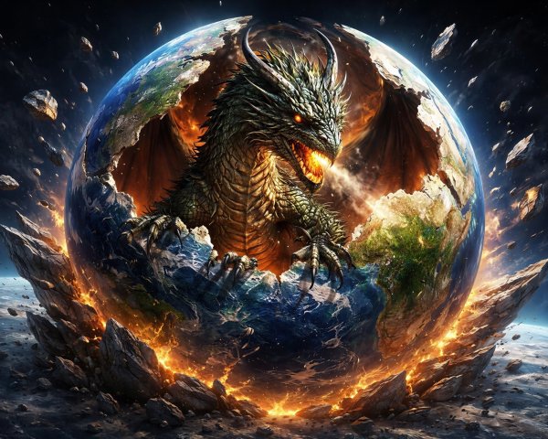 A dragon emerging from a cracked celestial globe