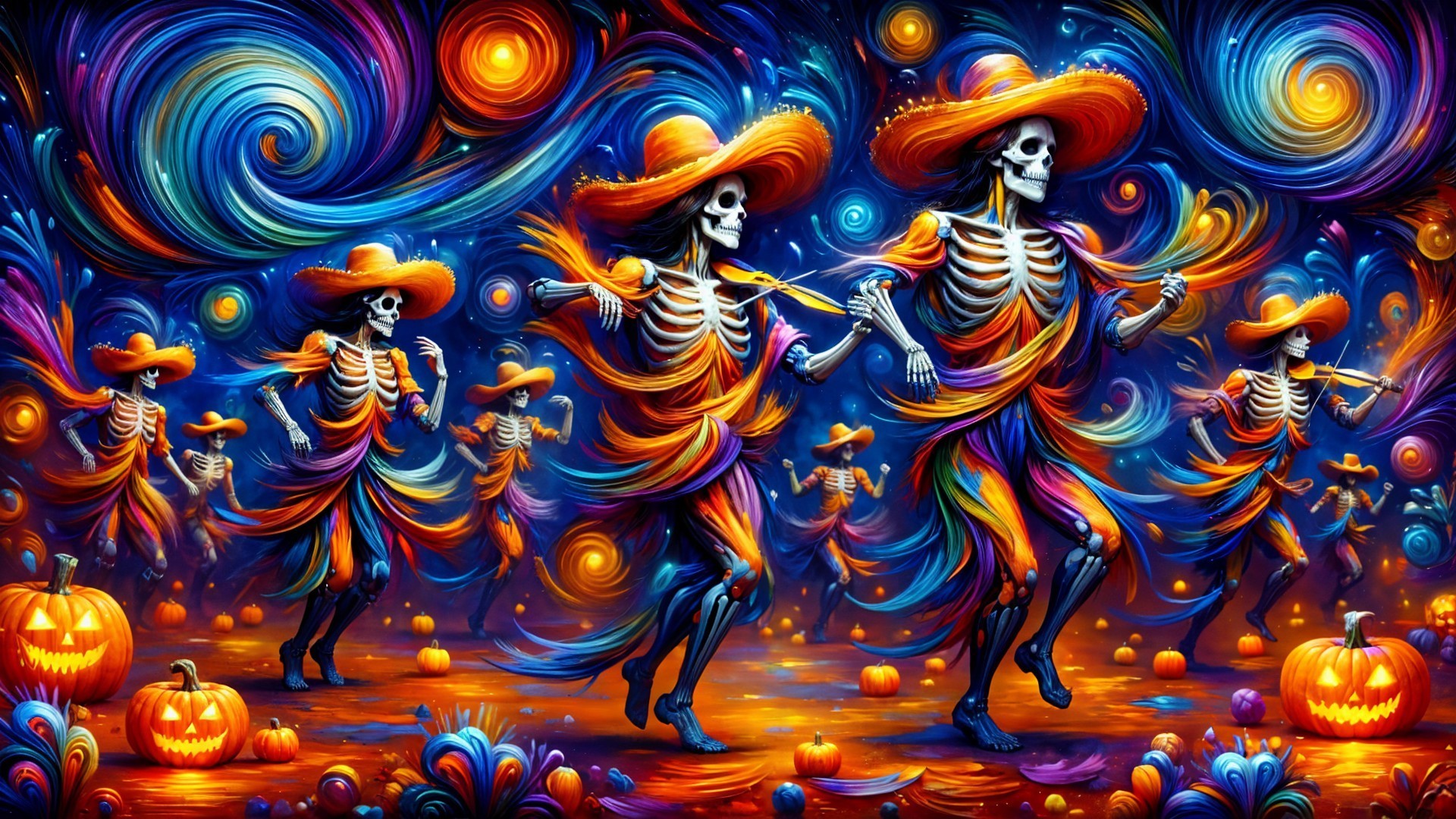 Dancing Skeletons in Colorful Costumes at Halloween Scene