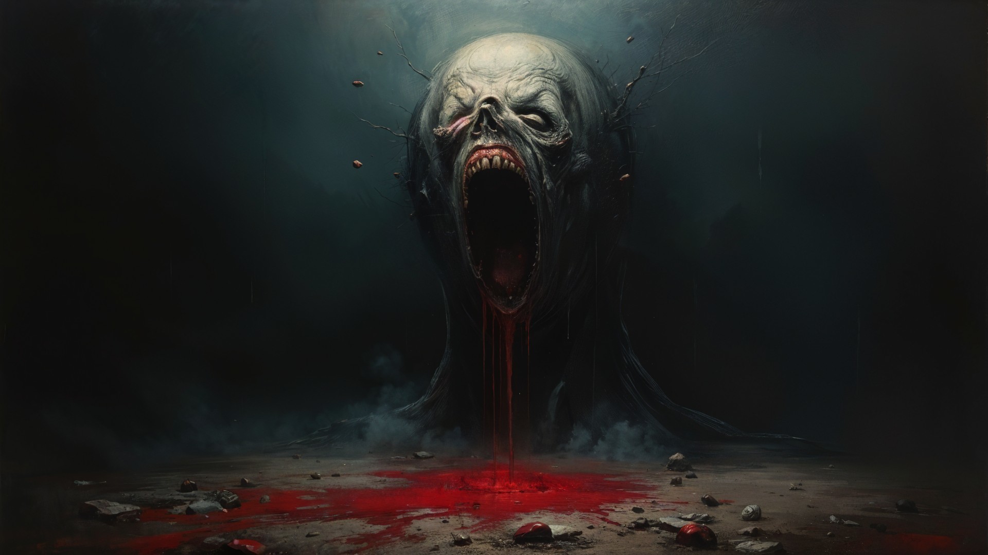 Grotesque Figure in Dark Surreal Landscape with Blood