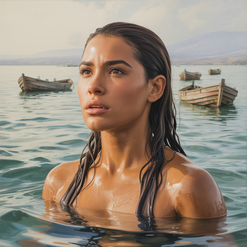 Young Woman in Calm Waters with Serene Landscape