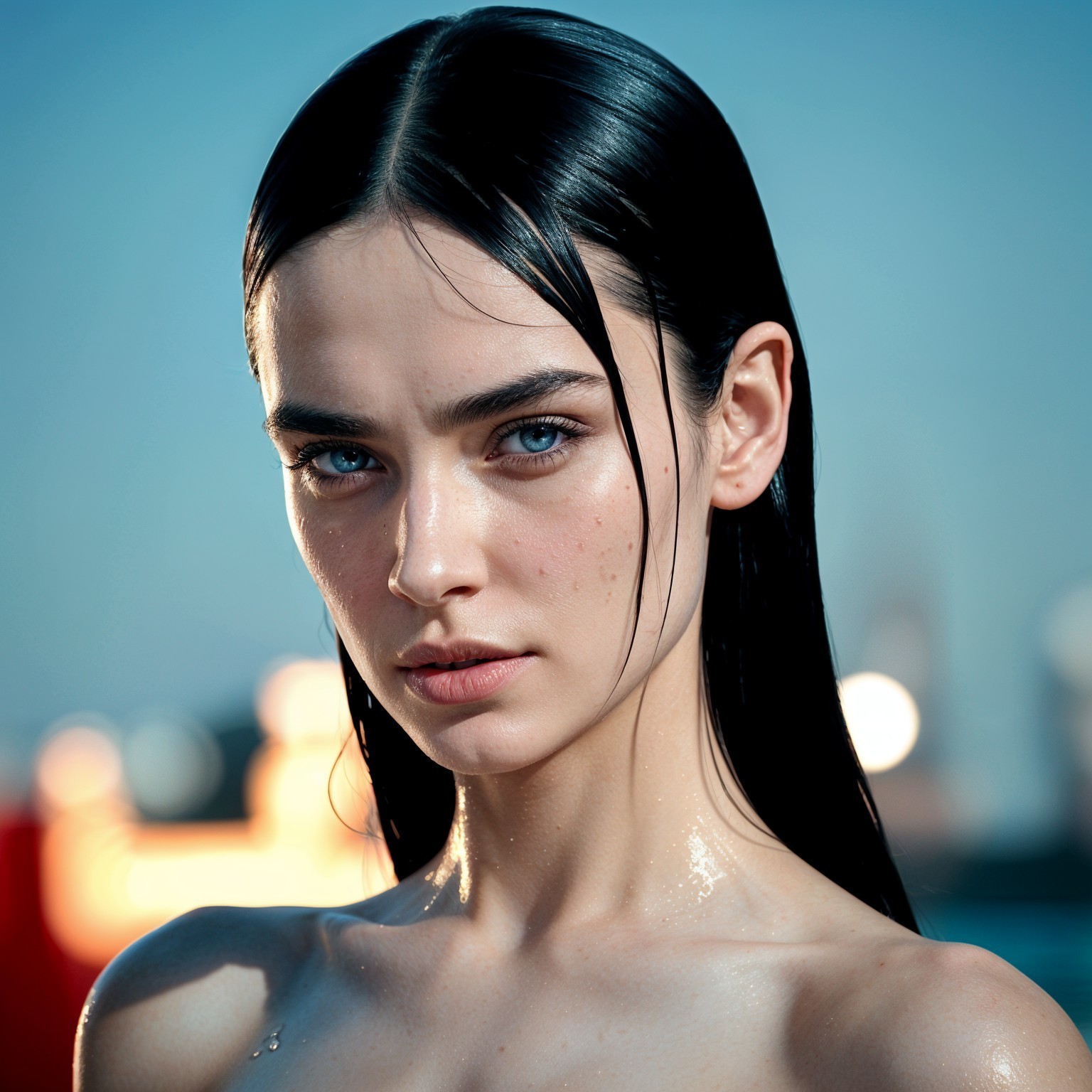 Portrait of a Young Woman with Blue Eyes and Water Droplets