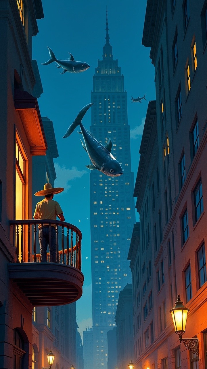 Surreal Evening Scene with Fish in Twilight Sky