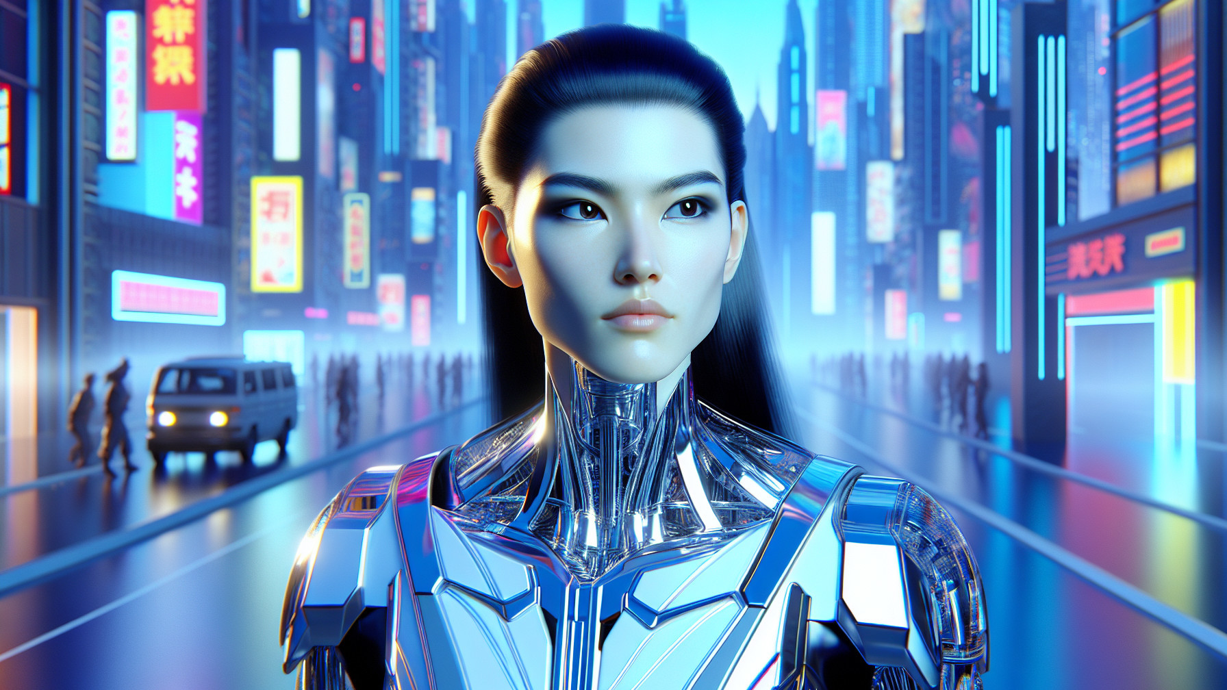 Futuristic Robot in Neon Cityscape Setting