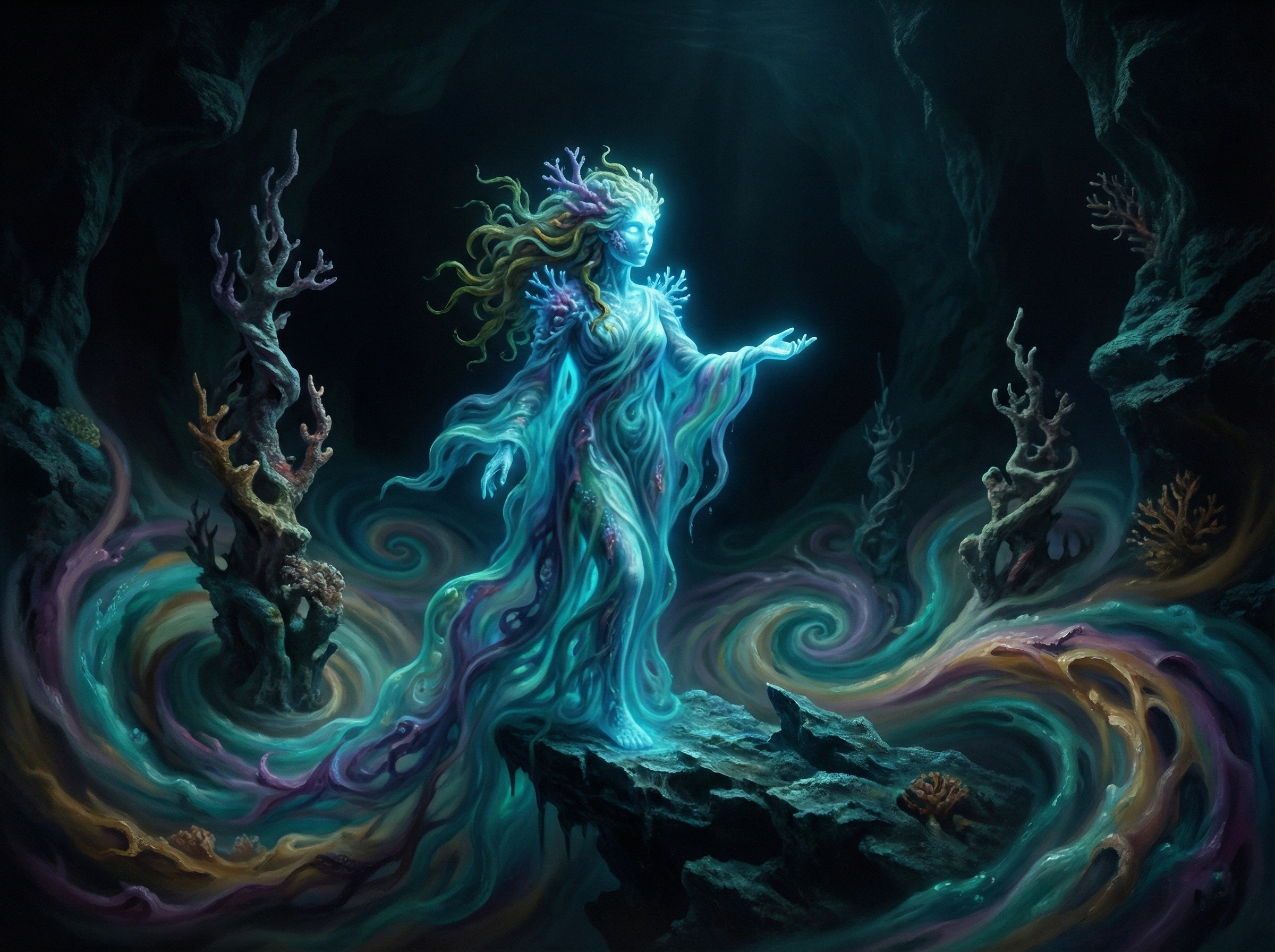 Ethereal Aqua Blue Goddess in Underwater Cave Setting