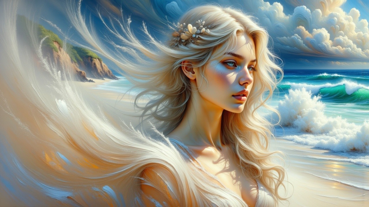 Ethereal coastal scene with a thoughtful young woman