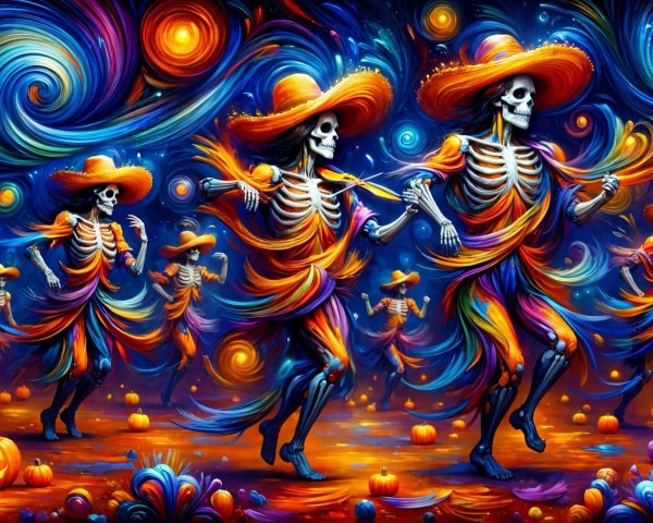 Dancing Skeletons in Colorful Costumes at Halloween Scene