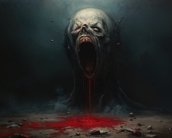 Grotesque Figure in Dark Surreal Landscape with Blood