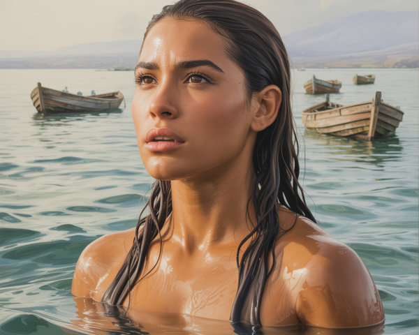 Young Woman in Calm Waters with Serene Landscape