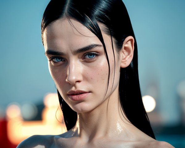 Portrait of a Young Woman with Blue Eyes and Water Droplets