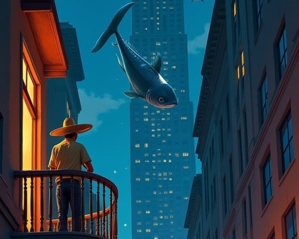 Surreal Evening Scene with Fish in Twilight Sky