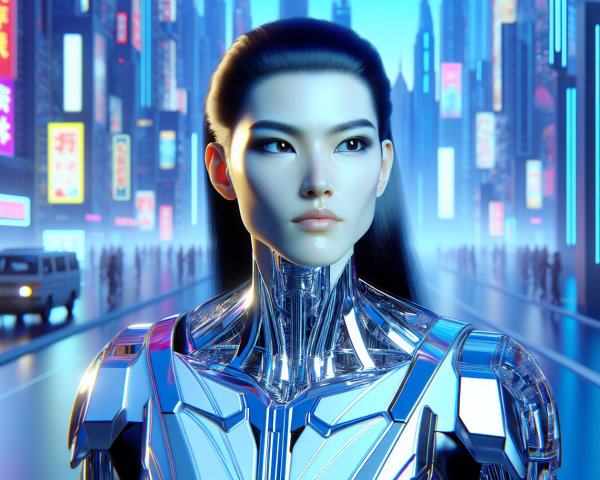 Futuristic Robot in Neon Cityscape Setting