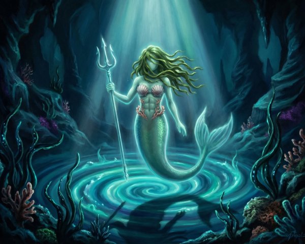 Mermaid queen in turquoise water inside an underwater cave
