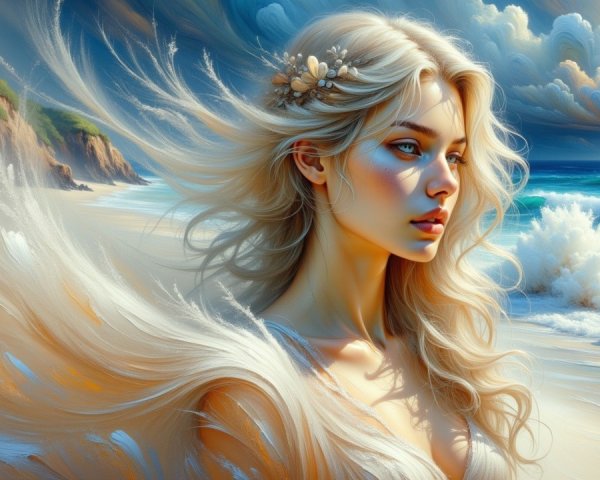 Ethereal coastal scene with a thoughtful young woman