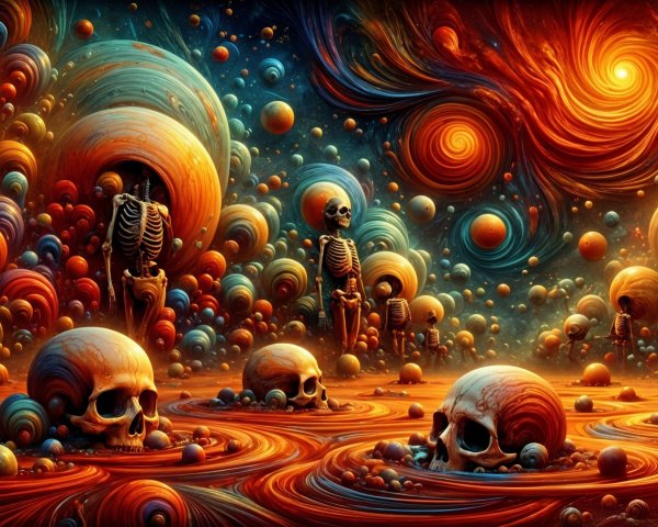 Surreal Landscape with Cosmic Elements and Skulls