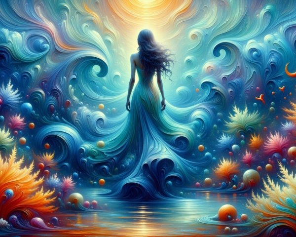 Mystical Figure by Water with Vibrant Colors and Light