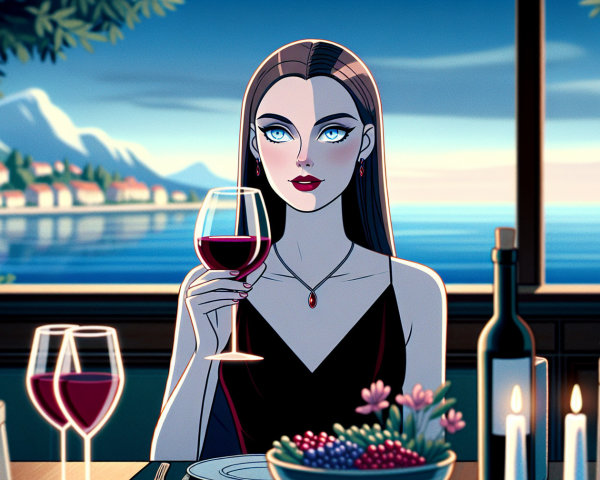 Glamorous Woman at Elegant Dining Table with Scenic View