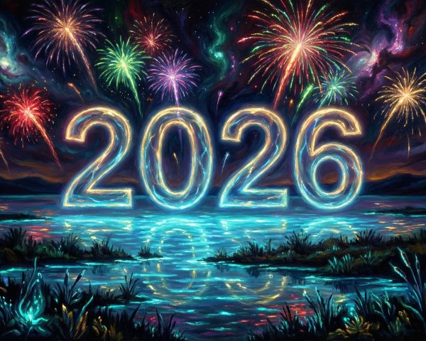 Digital Painting of 2026 Over Water with Fireworks