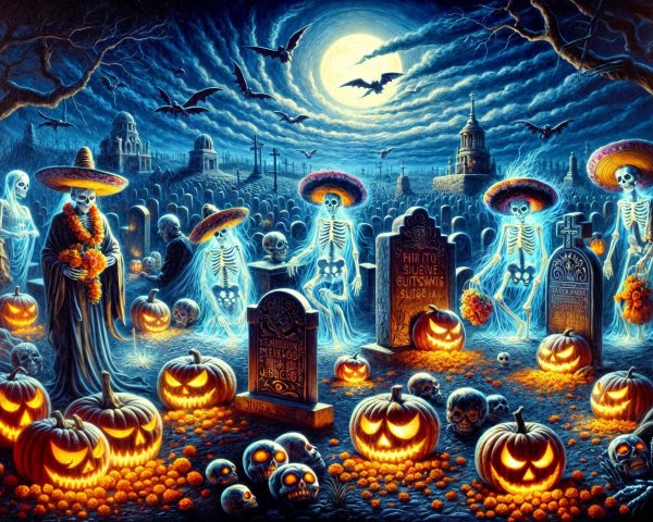 Vibrant Graveyard Scene with Skeletons and Pumpkins