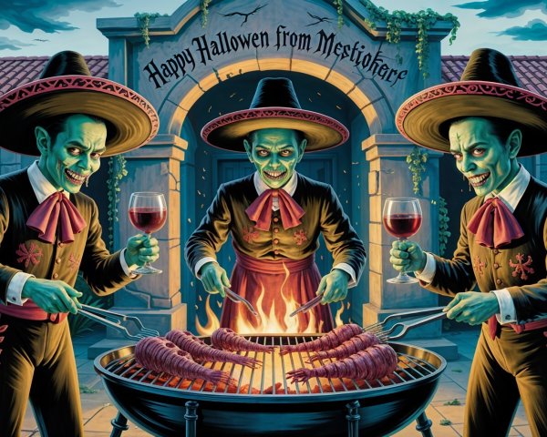 Ghoulish Figures in Sombreros Celebrate Halloween