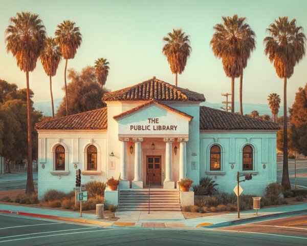 Public Library with Classic Design and Palm Trees