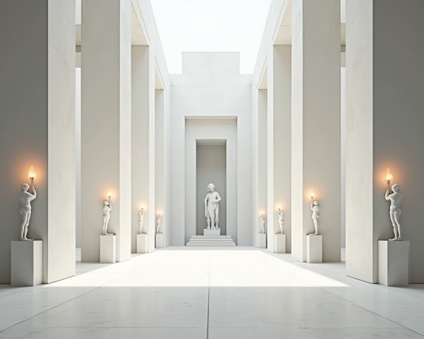 Minimalist Hall with White Columns and Prominent Statue