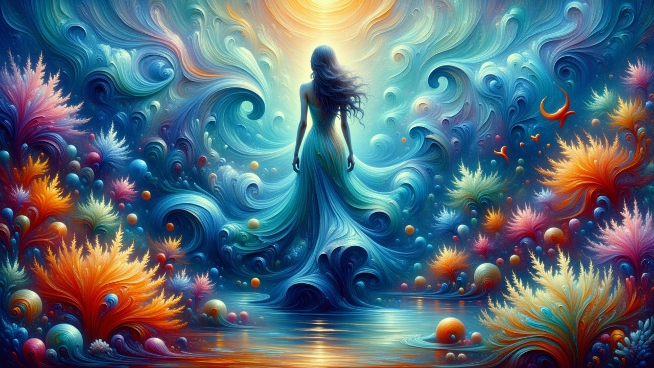 Mystical Figure by Water with Vibrant Colors and Light
