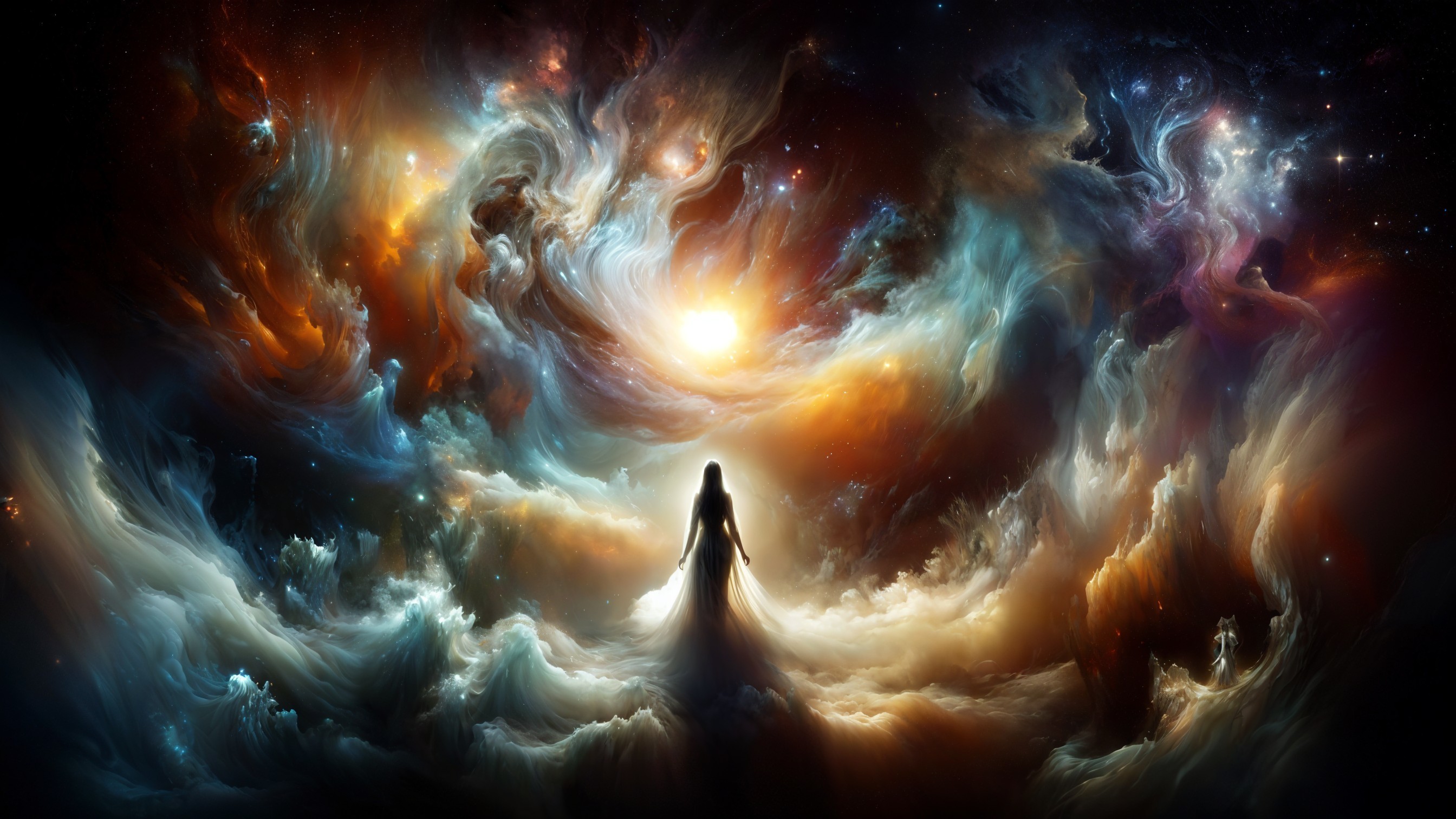 Silhouetted Figure in a Vibrant Cosmic Scene