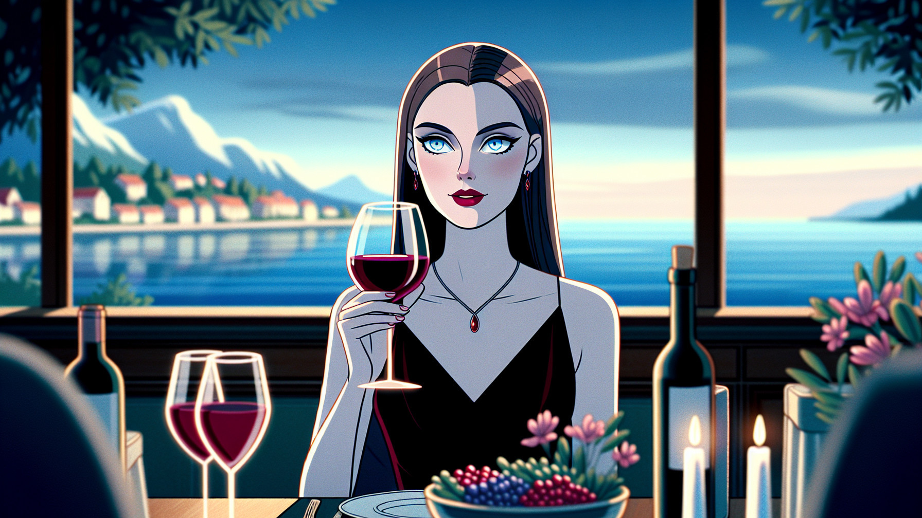 Glamorous Woman at Elegant Dining Table with Scenic View
