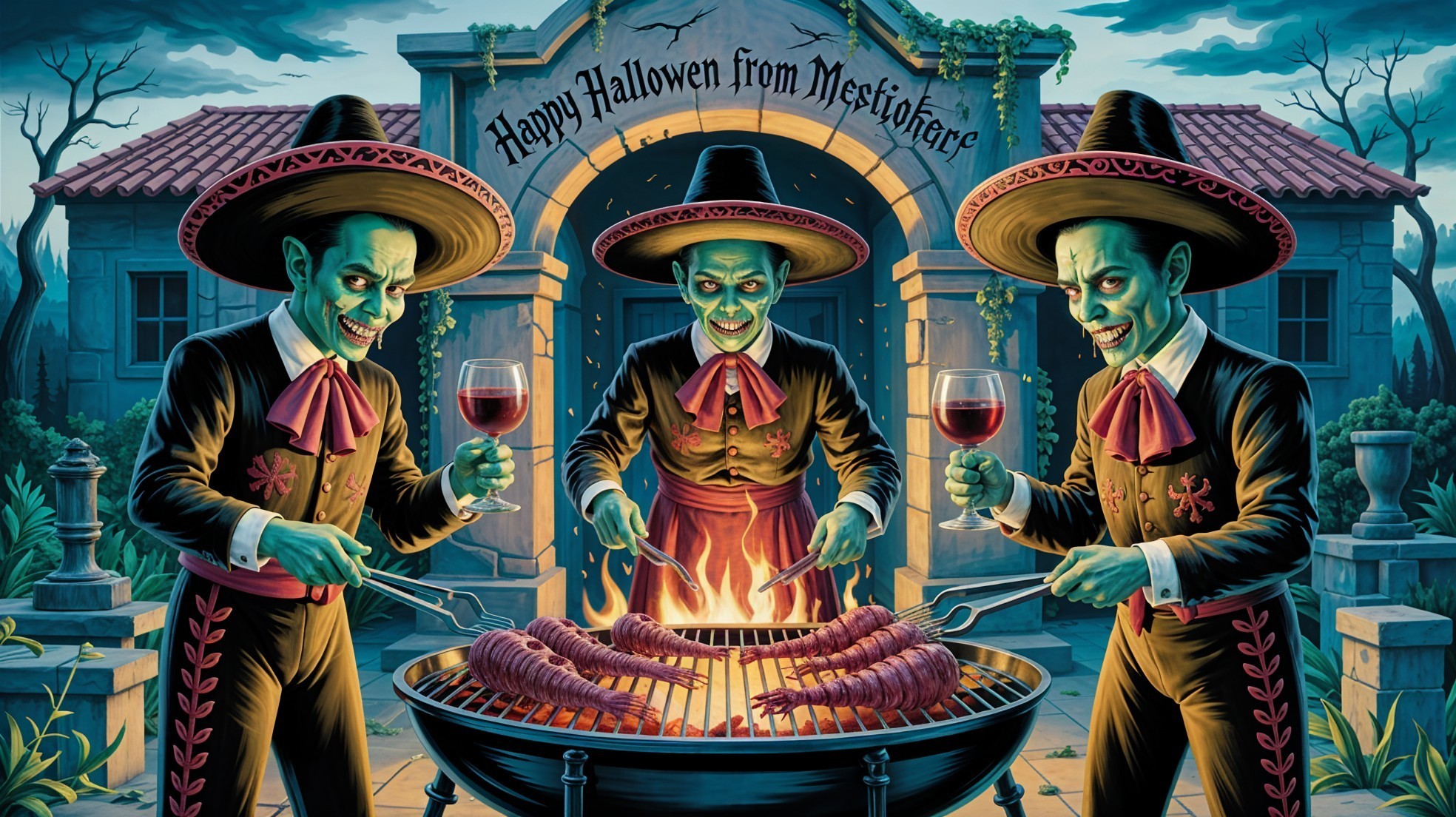 Ghoulish Figures in Sombreros Celebrate Halloween