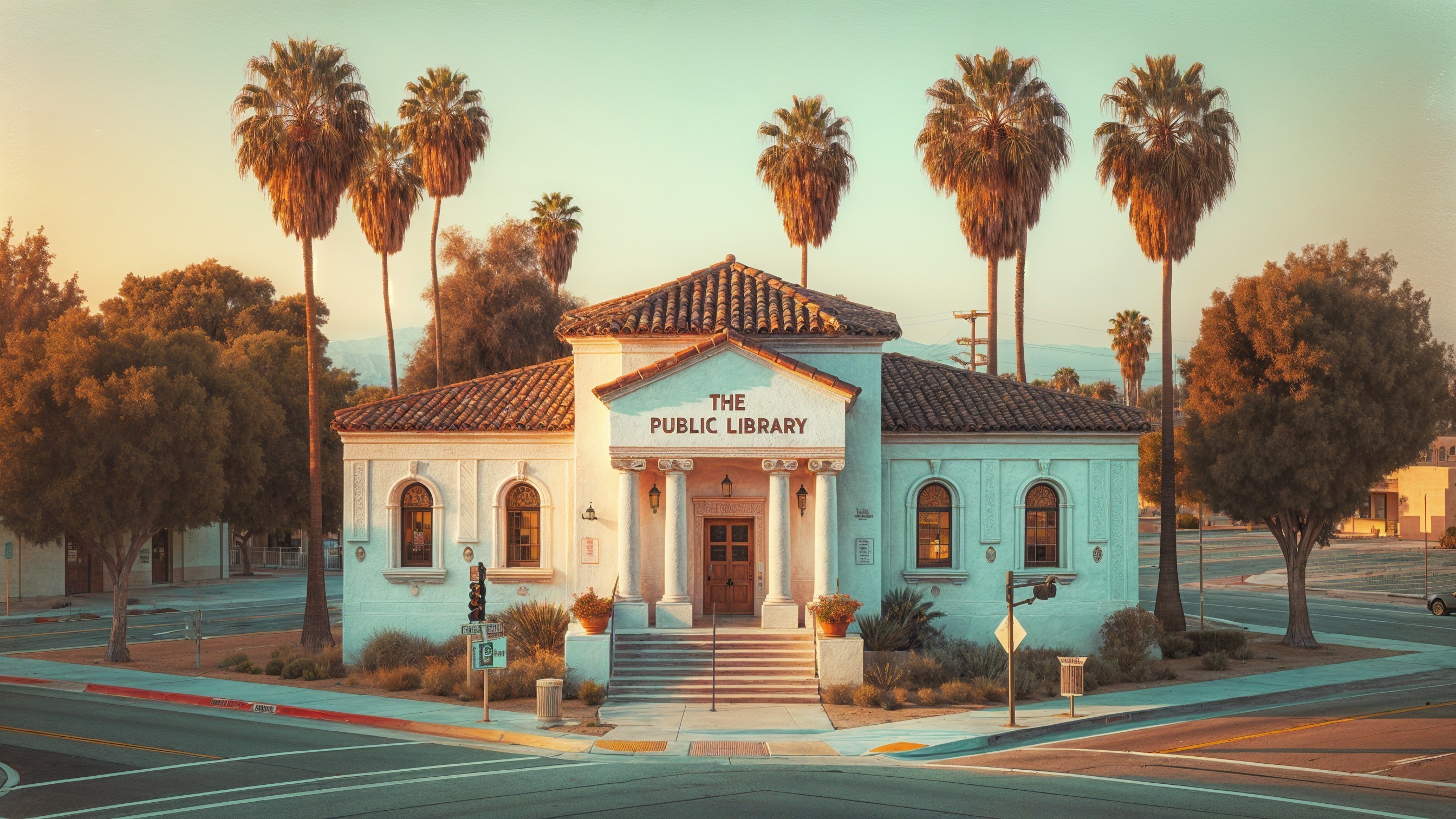 Public Library with Classic Design and Palm Trees
