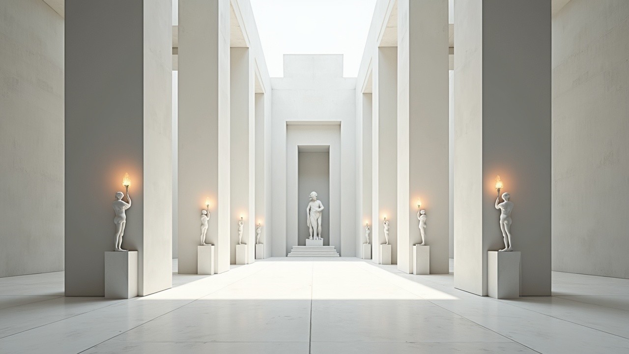 Minimalist Hall with White Columns and Prominent Statue
