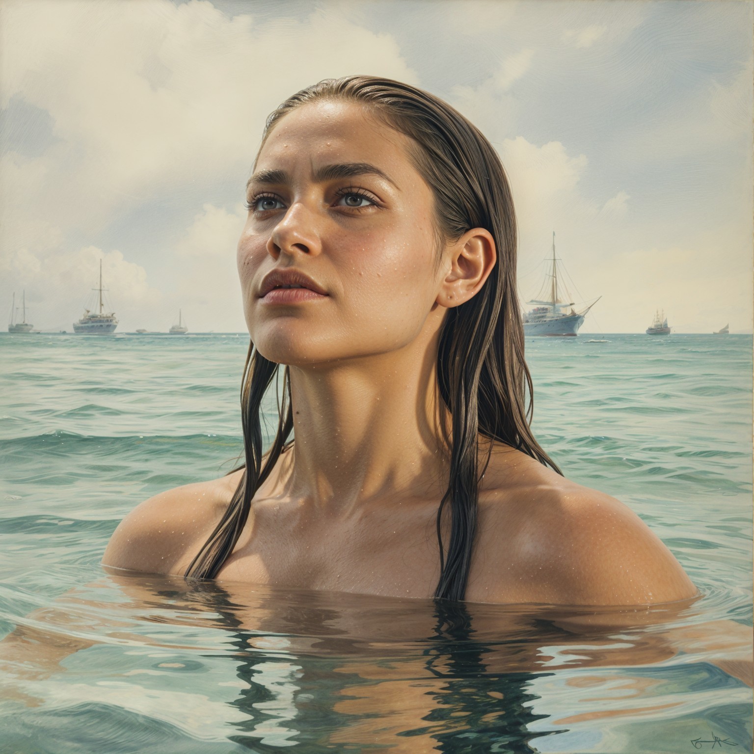 Woman in Turquoise Waters with Sailing Ships Background
