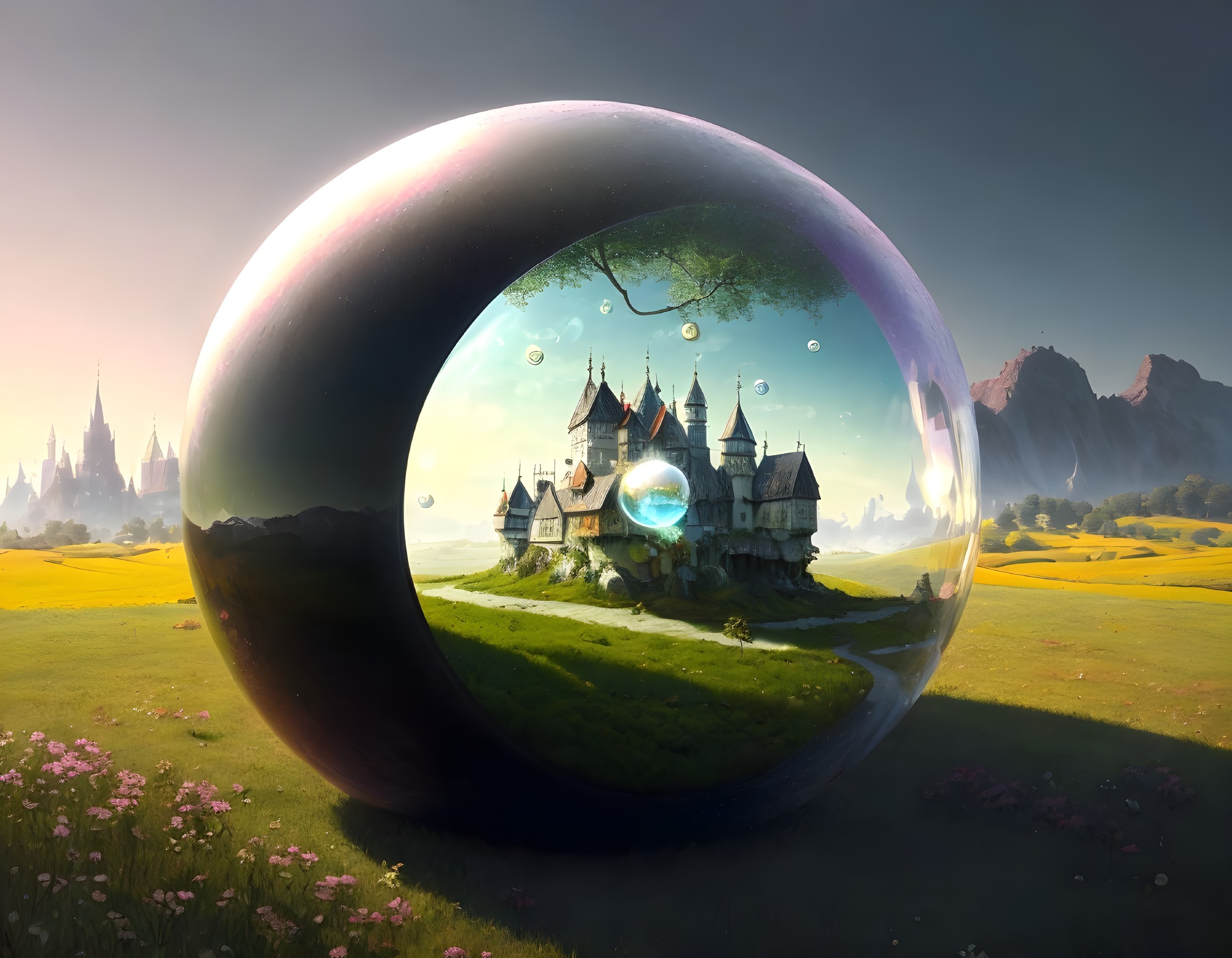 Glossy Sphere Reflecting Enchanting Castle Landscape
