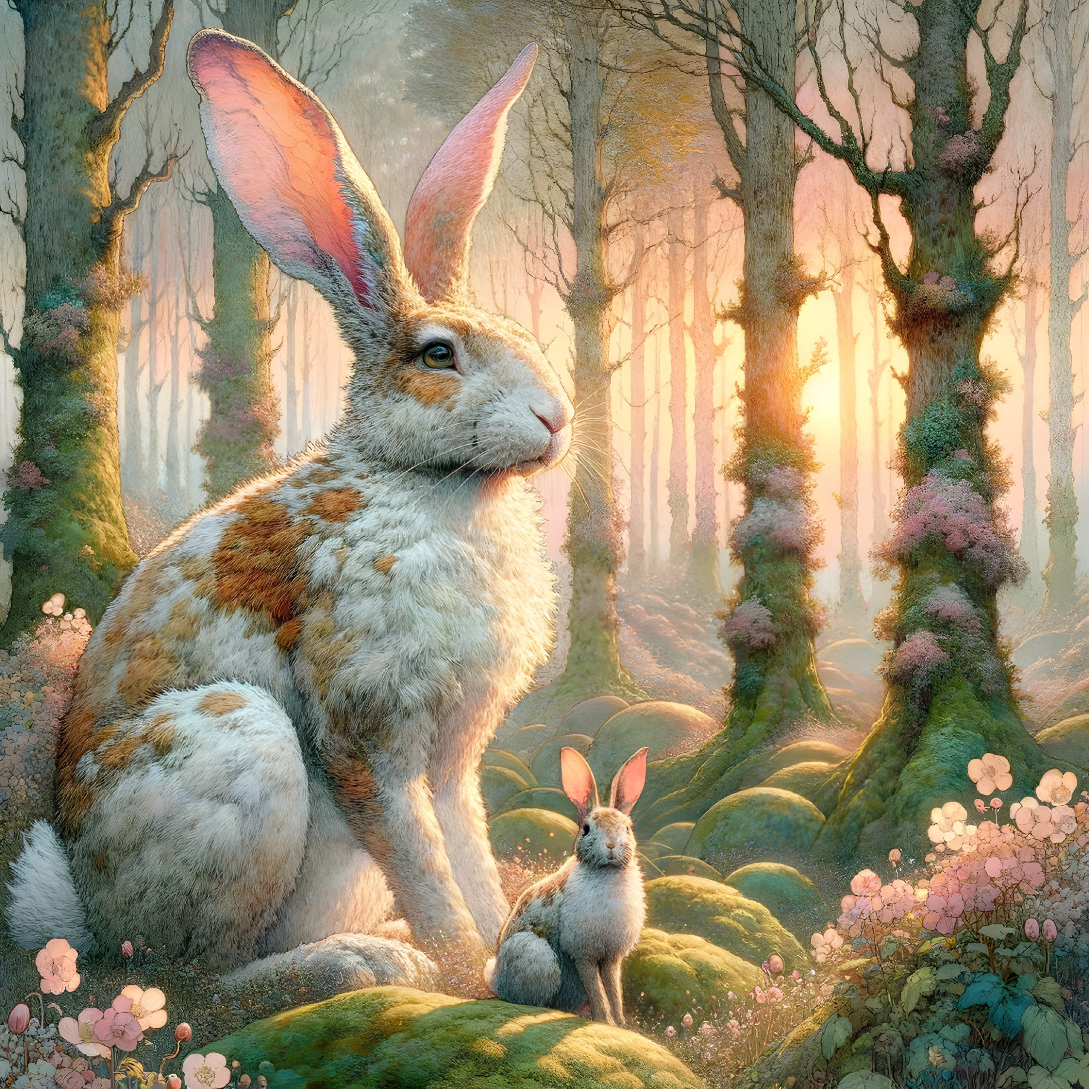 Majestic Rabbit and Bunny in a Serene Forest at Dawn