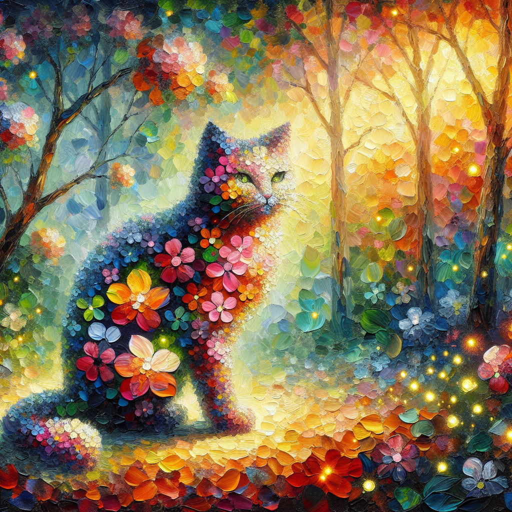 Impressionistic Painting of Cat Among Colorful Flowers