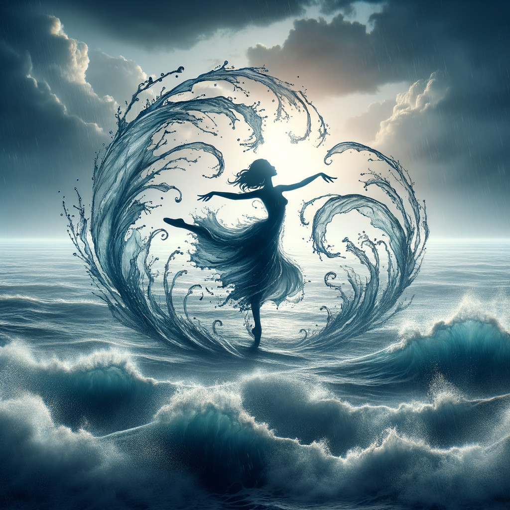 Dancer Amidst Turbulent Ocean Waves and Light