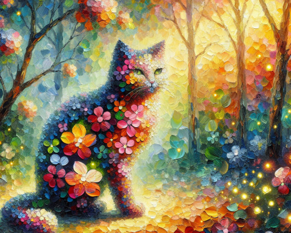 Impressionistic Painting of Cat Among Colorful Flowers
