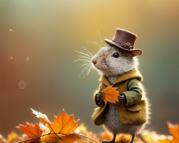 Whimsical Mouse-Like Creature in Autumn Setting