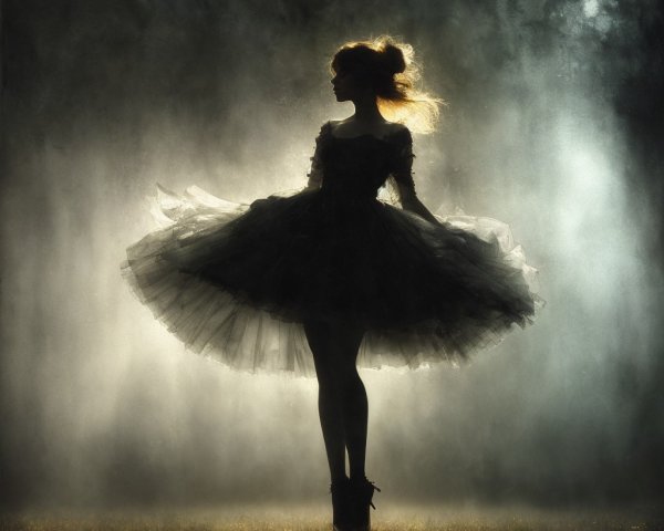 Silhouette of a girl in a black tutu dress in mist