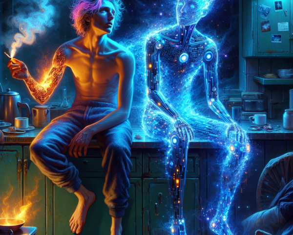 Young man and ethereal figure in dim kitchen setting