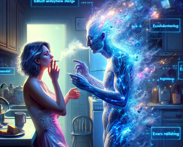 Surreal Kitchen Scene with Ethereal Energy Figure