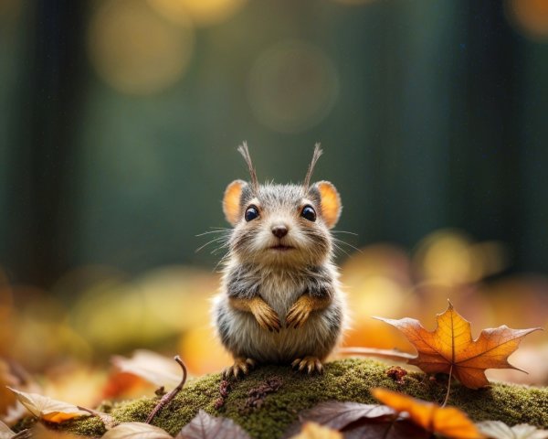 Adorable creature on moss with autumn leaves backdrop