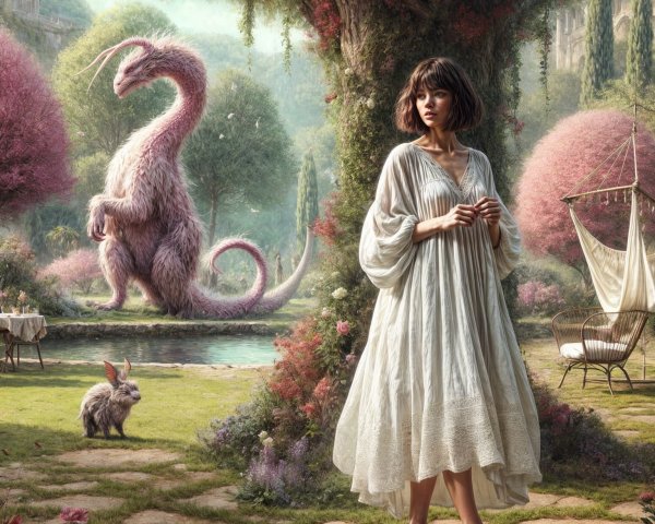 Enchanted garden with a woman and whimsical creature