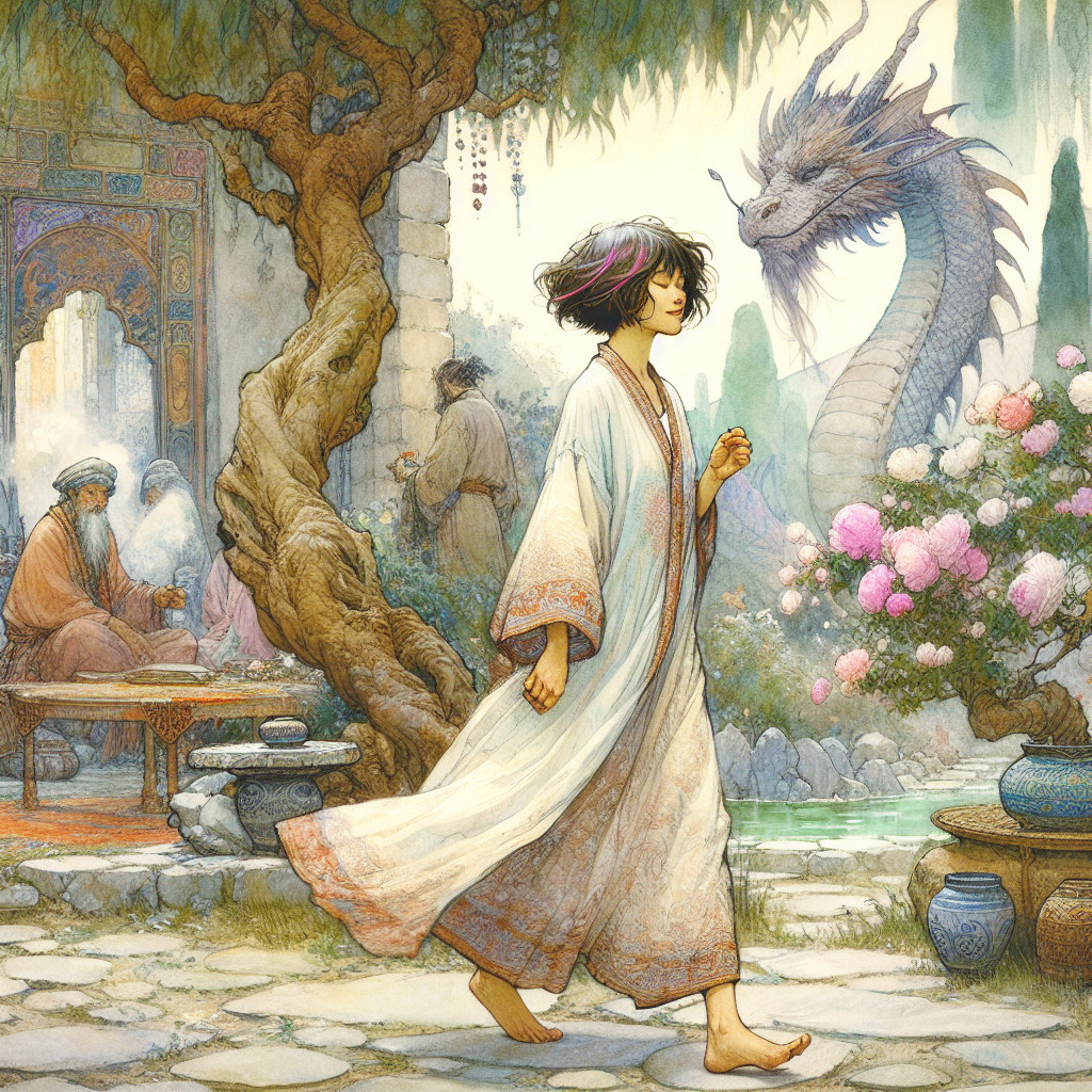 Serene Garden Scene with Young Woman and Dragon