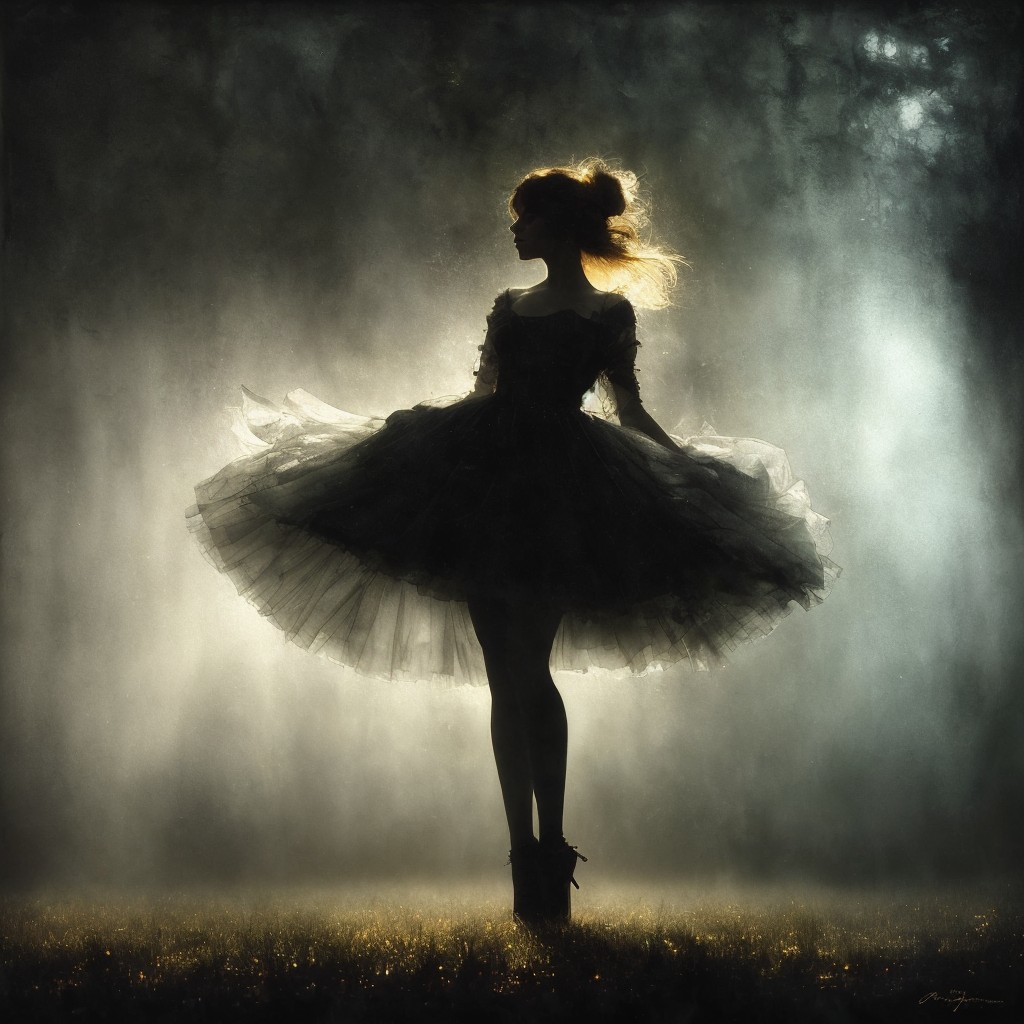 Silhouette of a girl in a black tutu dress in mist