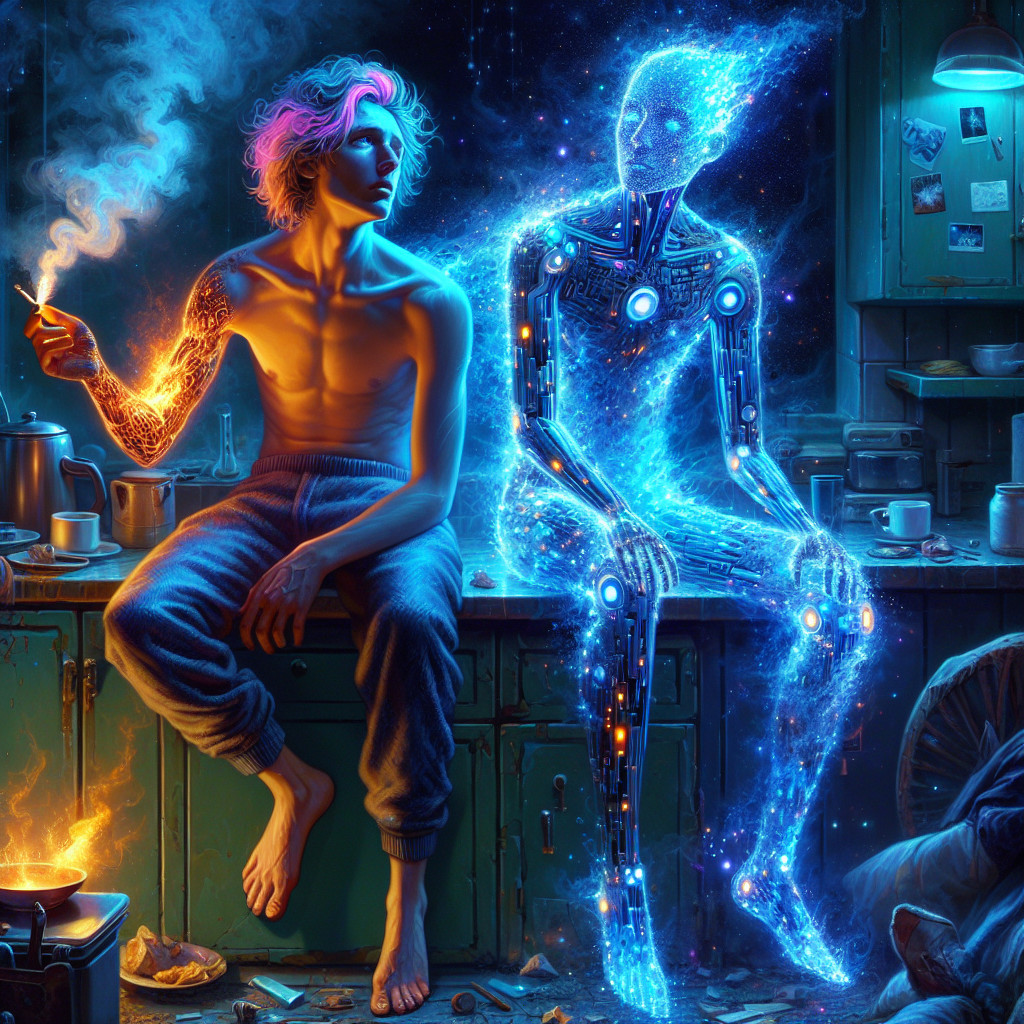 Young man and ethereal figure in dim kitchen setting
