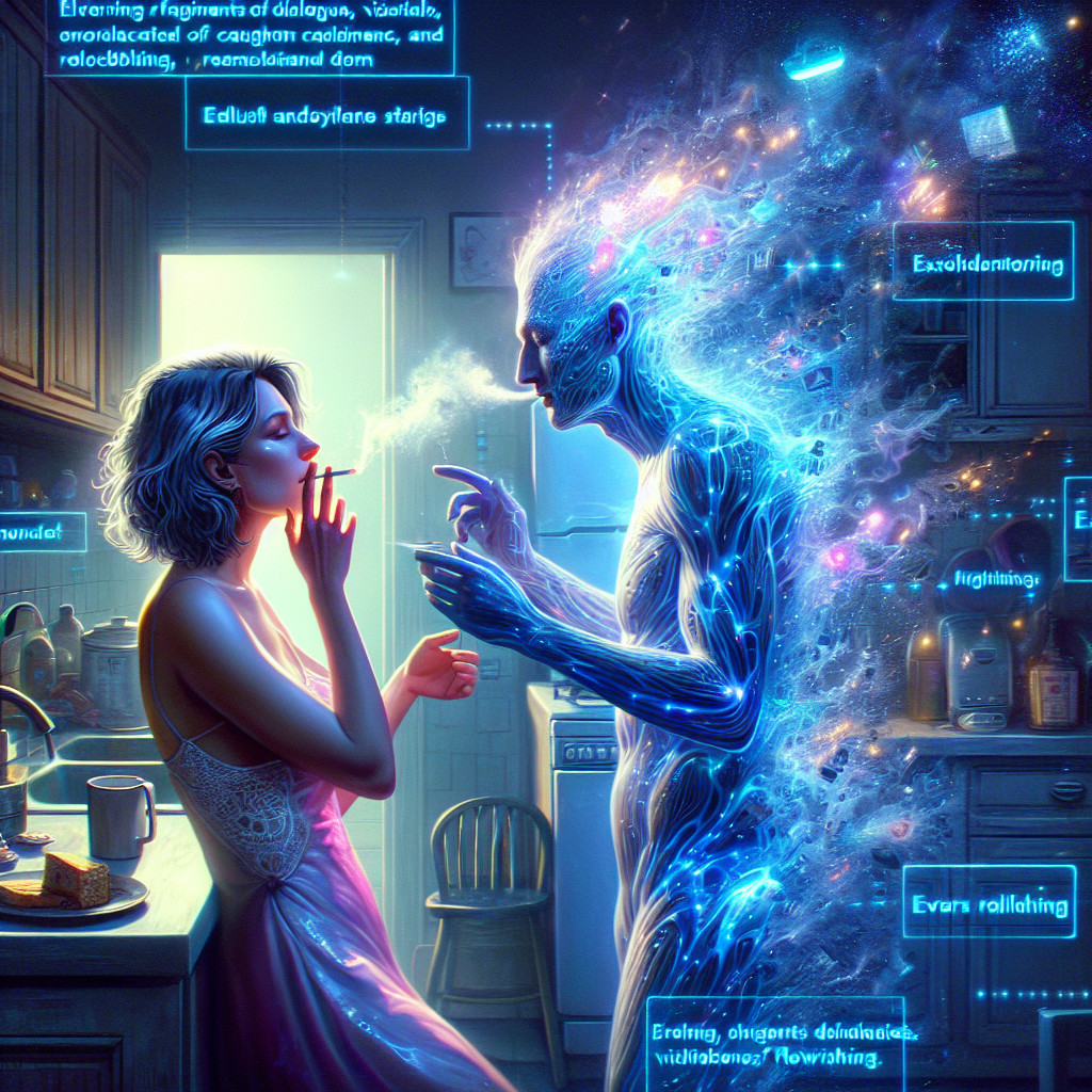 Surreal Kitchen Scene with Ethereal Energy Figure