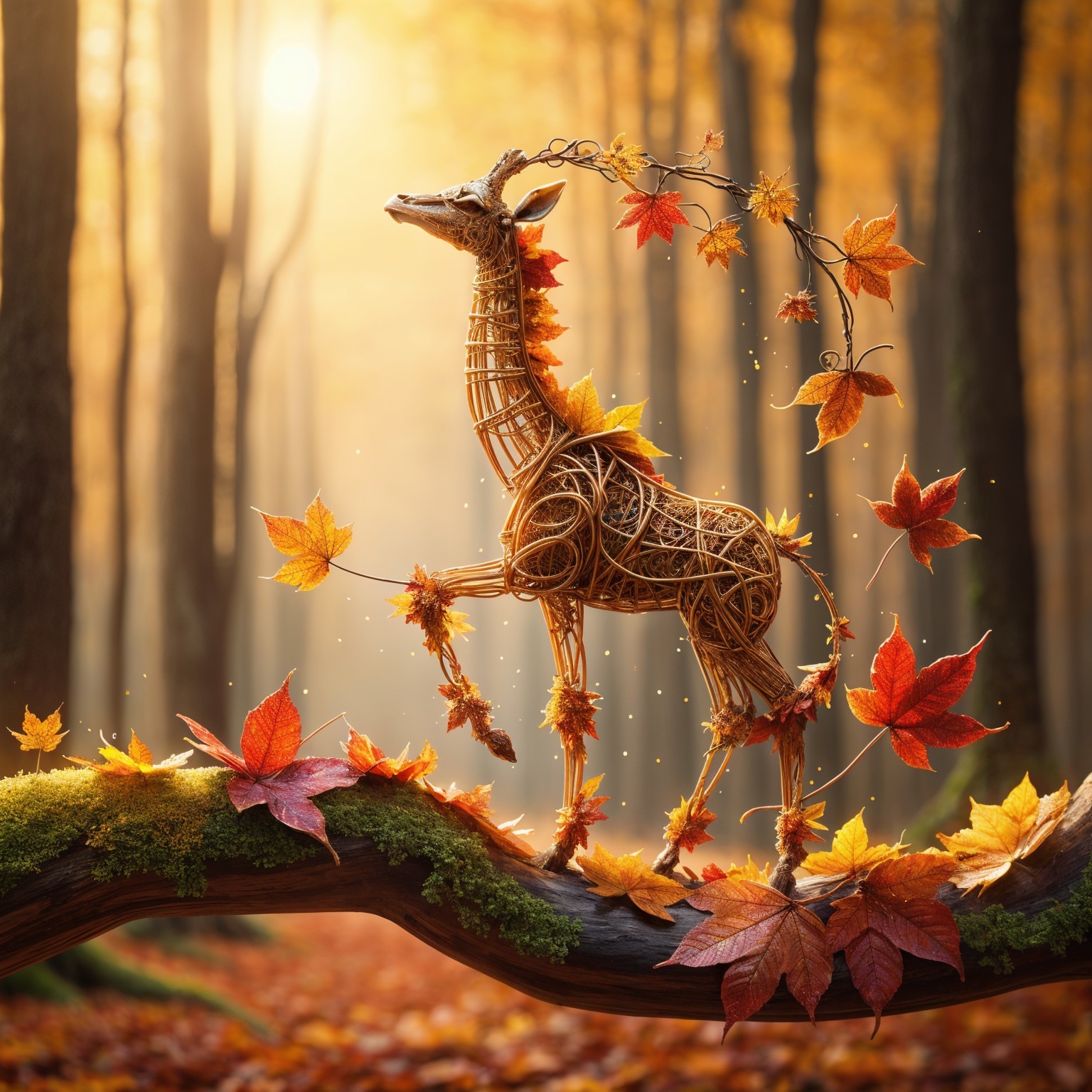 Whimsical Twig and Vine Deer Sculpture in Autumn Setting